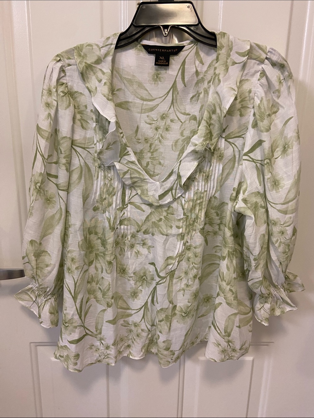 Counterparts White and Light Green Floral Ruffle V-Neck Blouse
 New / No Tags